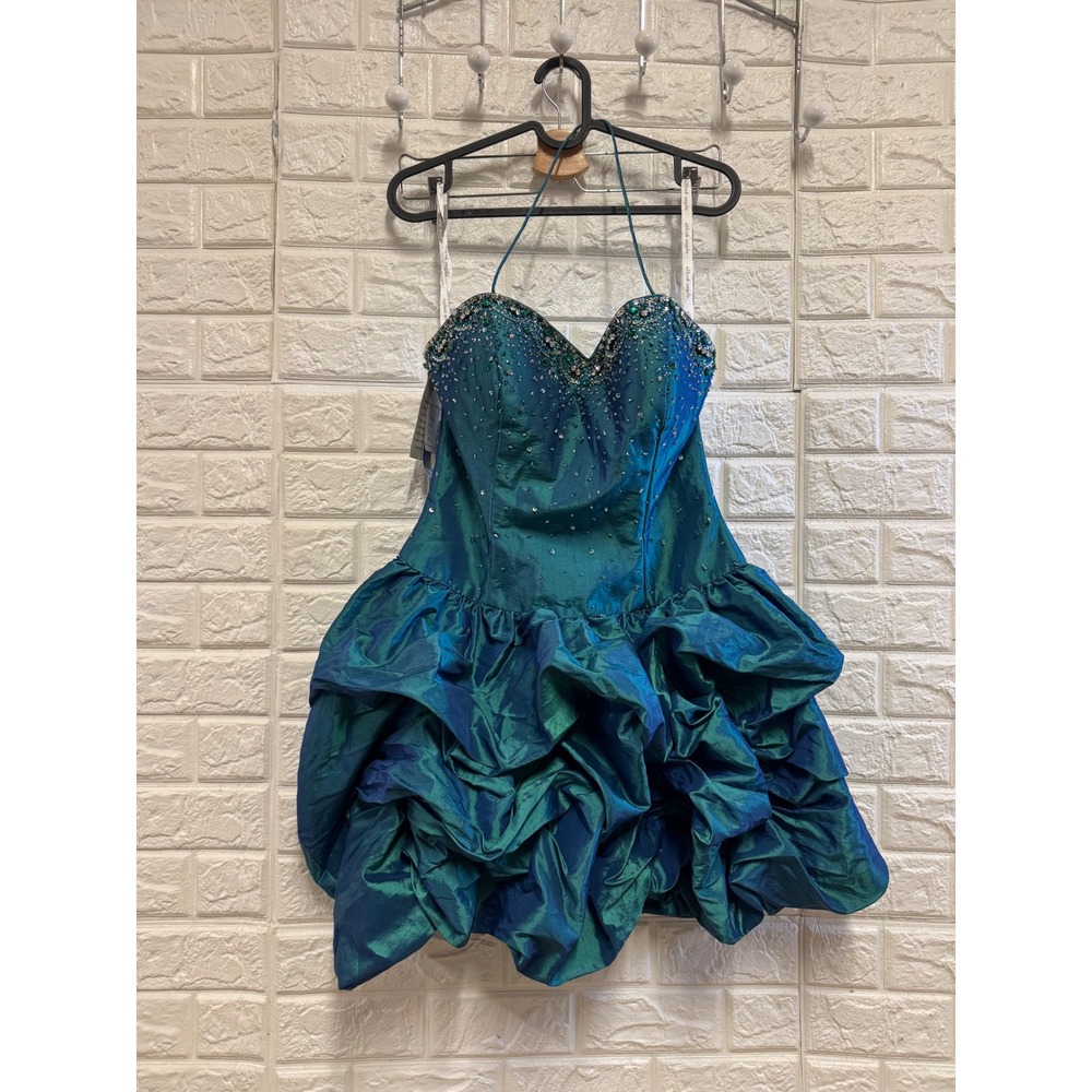 Alfred‎ Angelo Iridescent Teal Blue Beaded Halter Bubble Skirt Prom Dress 10 NEW